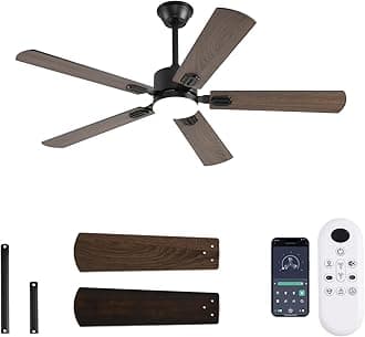 52 inch Modern Ceiling Fans with Lights APP/Remote Control, Low Profile Reversible 6 Speeds Dimmable Ceiling Fan Light for Indoor/Outdoor Bedroom Living Room（Brown）