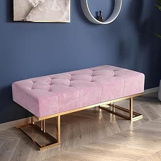 Metal Entryway Bench For Bedroom Modern Ottoman End Of Bed Corduroy Padded Benches Decorative Home Furniture For Living Room Foyer Mudroom Hallway (Pink)