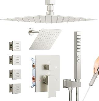 Shower Systems Brushed Nickel Shower Faucet Sets,Bostingner 4 Modes 10+6" Double Rain Shower Head with 2 in 1 Handheld Spray and 4Pcs Body Jets,Shower Set with Diverter and Trim Kit Complete