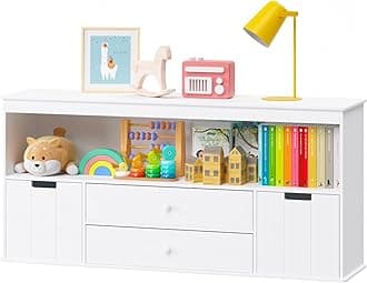 Timy 44.5" Toy Storage Organizer with 2 Drawers, Wooden Toy Organizer Bins, Kids Bookshelf for Reading, Storing, Playing, White