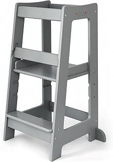 – Stepup Baby Montessori Toddler Tower Kitchen Helper with Adjustable Steps with Safety Rail, Solid Wood, Grey