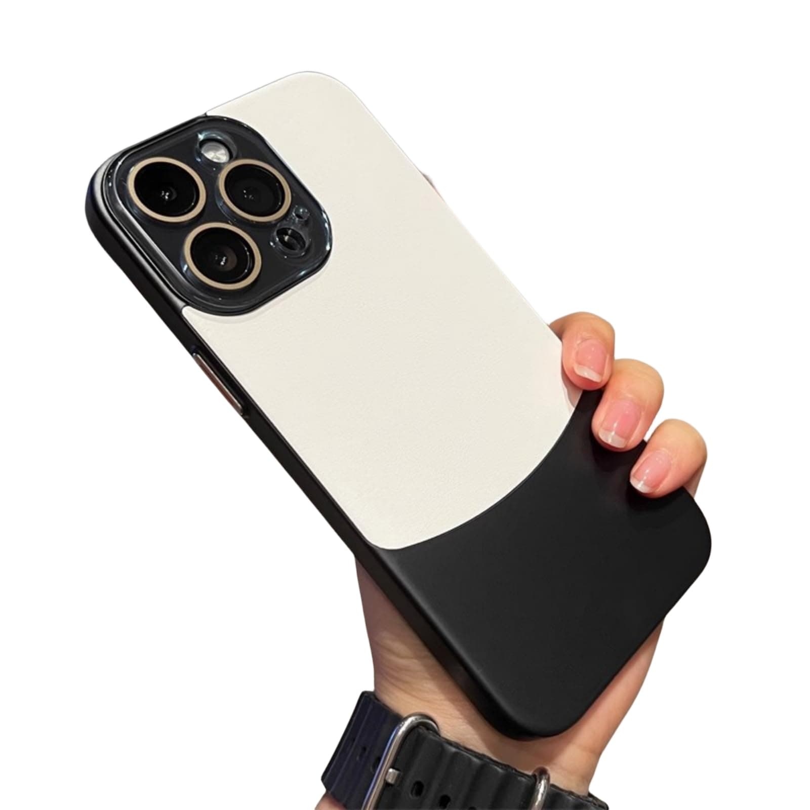 Aultink Two-Tone Leather Acrylic Lens Protective Case for iPhone 15 14 13 12 Pro Max - Dropproof Shockproof Light Thin Cover (White,15)