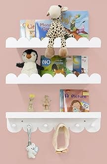 Wall Book Shelves for Bedroom Kids with Hooks - Scalloped Shelves for Nursery Set of 3, Nursery Bookshelf for Wall Room Decor, 16 Inch