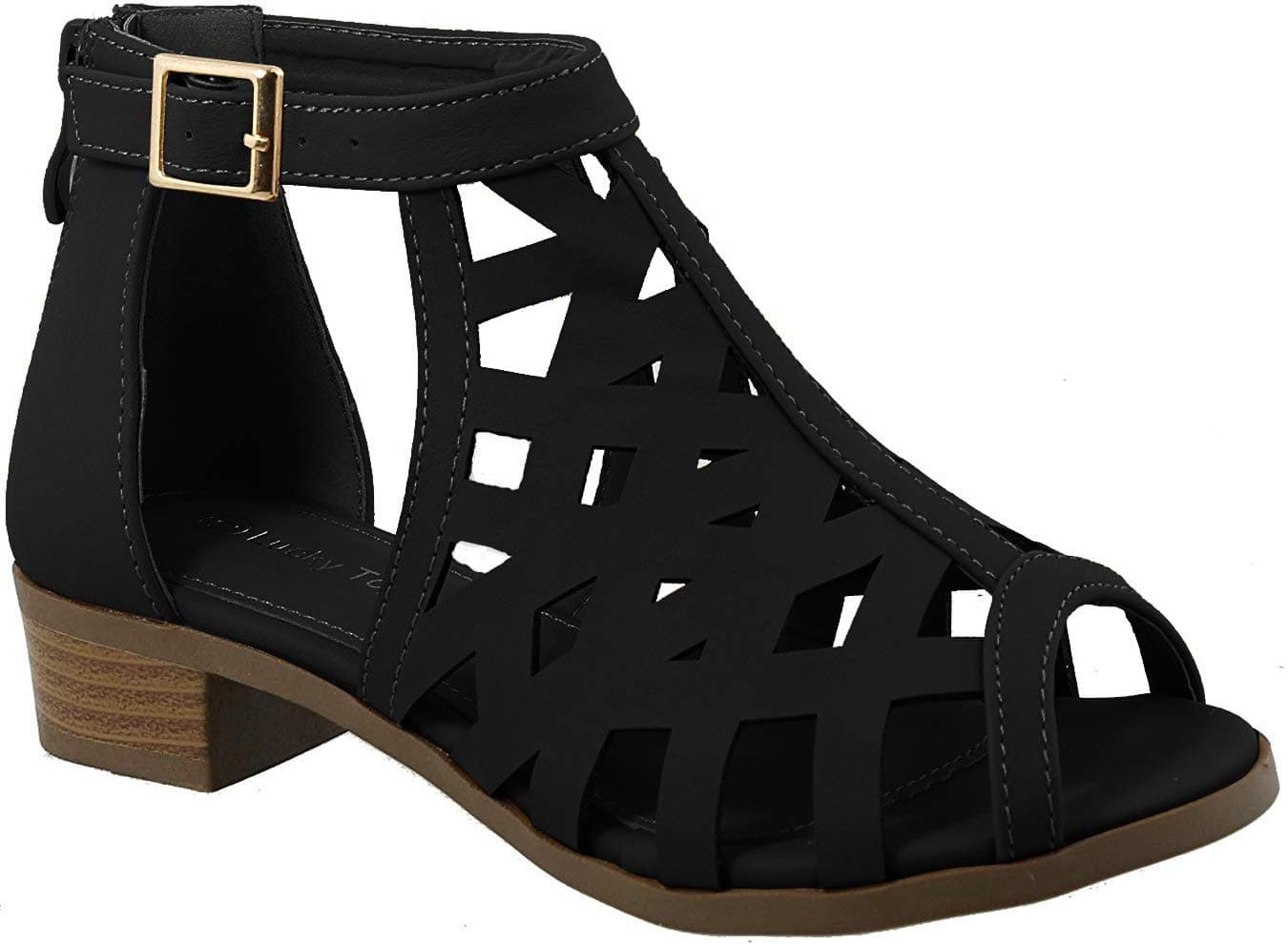 TOP Moda Jerry-82 Women's Open Toe Buckle Strap Low Chunky Block Heel Cutout Gladiator Sandals,Black,7.5