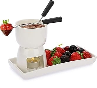 BSTKEY Ceramic Mini Chocolate Cheese Fondue Pot Set, 150ml White Tea Light Candle Warmer Fondue Set with 2 Forks and 1 Rectangle Dish for Ice Cream Butter