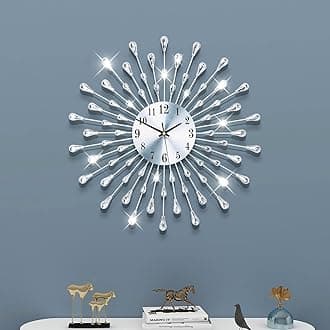 FLEBLE Large Wall Clocks for Living Room Decor Modern Silent Wall Clock Battery Operated Non-Ticking for Bedroom Kitchen Office Home Decoration 20 Inch Silver Drop Crystal Wall Watch for Indoor