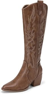 DREAM PAIRS Womens Cowboy Boots Wide Calf Comfortable Pull On Zipper Chunky Heel Pointed Toe Embroidered Western Cowgirl Knee High Boots Ladies Retro Tall Boot
