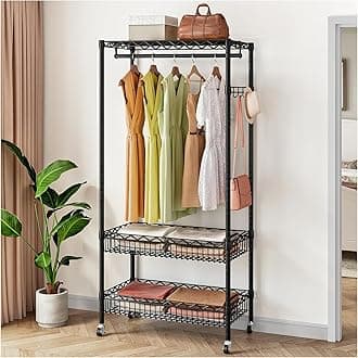Wire Garment Rack, Rolling Clothes Rack for Hanging Clothes, Freestanding Portable Closet Rack with Hanging Rod Metal Basket Heavy Duty Clothing Racks Storage Shelves on Wheels (Black)