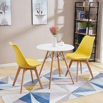 Dining Table and Chairs Set, Modern Compact Round Kitchen Table, 2 Retro Lorenzo Lounge Chair with Cushioned PU Seat and Solid Wood Legs (Yellow)