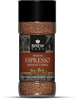 BREWSAGA Italian Espresso Instant Coffee | 100% Arabica | Freeze-Dried | Flavoured Coffee | No Added Sugar | Makes 50 Cups | Morning Starter | Cafe Coffee At Home | 100 Gram, Granule, Bottle
