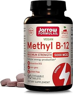 Jarrow Formulas Maximum Strength Methyl B-12 5000 mcg - Dietary Supplement - 90 Cherry Flavored Chewable Tablets - Bioactive Vitamin B-12 - Supports Cellular Energy Production, Sleep & Brain Health