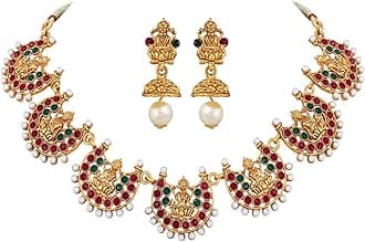 Latest 18k Gold Plated Traditional Temple Choker Necklace Wedding Party Stylish Jewellery Set for Women