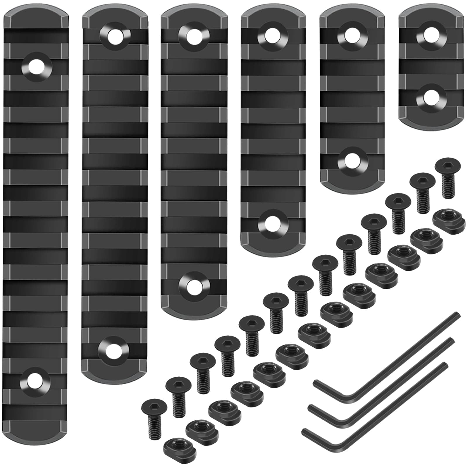 Single Picatinny Rail Section Adapter 6 Pack 3 5 7 9 11 13 Slot Aluminum Picatinny Rails Accessory with 13 T-Nuts & Screws, 3 Allen Wrench - Rounded Corner, Black