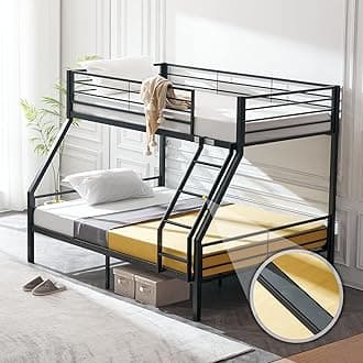 Twin Over Full Bunk Bed for Kids/Adults with Stairs Flat Rungs, Heavy Duty Metal Slats, No Box Spring Needed, Black