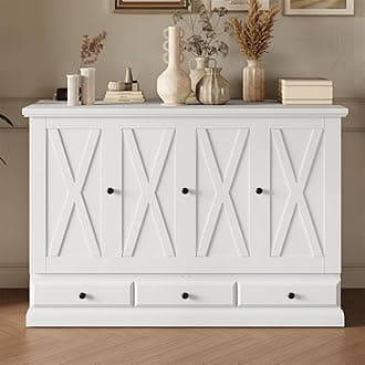 MERITLINE Farmhouse Queen Murphy Bed with Storage Drawer and Charging Station,Pine Wood Folding White Murphy Chest Bed Cabinet for Adults