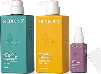 Medix 5.5 Anti Aging Skin Care 3PC Set | Vitamin C Body Cream + Exfoliating AHA Glycolic Acid Foaming Face & Body Wash + Vitamin F Booster Serum, Wash + Treat + Hydrate Skincare Set