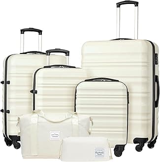 LONG VACATIONLuggage Set 4 Piece Luggage Set ABS hardshell TSA Lock Spinner Wheels Luggage Carry on Suitcase, white, 6 Piece Set, Abs Hardshell Tsa Lock Spinner Wheels Luggage Set