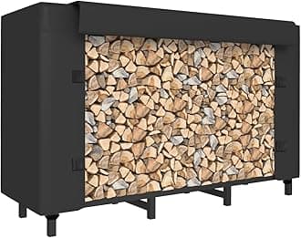 4ft Firewood Rack Holder with Cover, Adjustable Heavy Duty Fire Log Stacker Stand for Fireplace, Outdoor Indoor Metal Wood Pile Storage Organizer, Patio Logs Stand tool, Black