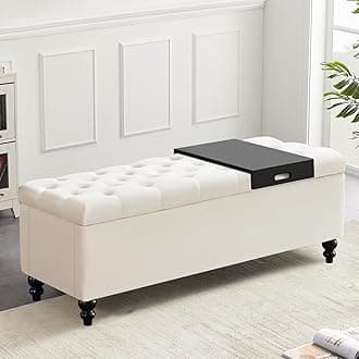 Ottoman with Storage,50.2-inch Upholstered End of Bed Storage Bench for Bedroom,for The Living Room,for Entryway, with Tray & Button and Safety Hinges,Detachable (White)