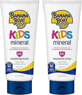 Banana Boat 100% Mineral Kids Sunscreen Lotion SPF 50, Twin Pack | Banana Boat Mineral Sunscreen for Kids, Childrens Sunblock SPF 50, Oxybenzone Free, 6Fl Oz each (Pack of 2)
