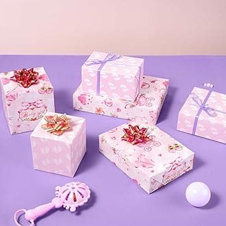 WERNNSAI Baby Girl Wrapping Paper - 1 Roll 17” x 33 ft Baby Shower Wrapping Paper for Girls Kids Birthday Party Decor Favor Pink Girl Baby Shower Design Reversible Footprint Print