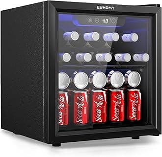 48 Can Beverage Refrigerator cooler-Mini Fridge Glass Door for Beer Drinks Wines, Countertop Beverage Fridge with Adjustable Shelves Blue LED for Home/Office/Dorm/Bar, 1.3 cu.ft
