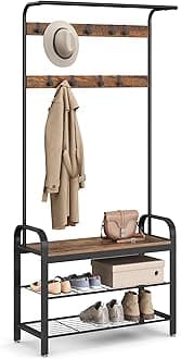 VASAGLE Coat Rack, Hall Tree with Shoe Bench for Entryway, Entryway Bench with Coat Rack, 4-in-1, with 9 Removable Hooks, a Hanging Rod, 13.3 x 33.1 x 72.1 Inches, Rustic Brown and Black UHSR400B01