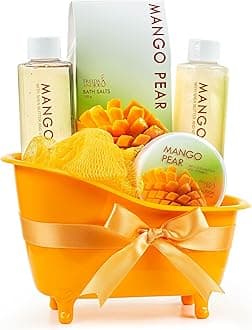 - Tropical Mango Pear Fragrance Spa Set for Women - Bath & Body Set in Stylish Orange Tub - Gift Ready with Shower Gel, Body Lotion, Bubble Bath, Bath Salts, and Bath Puff – Mother's