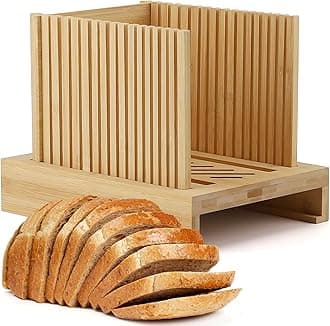 Bamboo Bread Slicer for Homemade Bread, Adjustable Width Bread Slicing Guides with Sturdy Wooden Cutting Board, Compact and Foldable - Makes Cutting Bagels or Even Bread Slices Easy