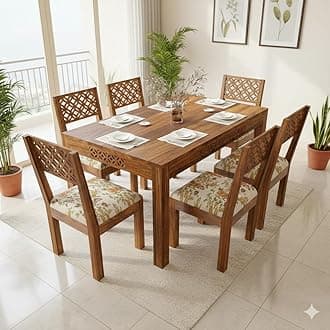 Sheesham Wood Dining Table(57x35) with 6 Chairs | 6 Seater Dining Set | 1 Year Warranty | Finish Color :- Honey Finish with Cushions -DIY(Do-It-Yourself)
