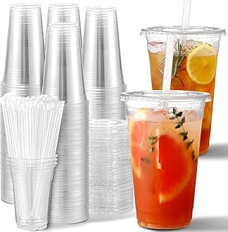 AOZITA [100 Sets] 20 oz Clear Plastic Cups With Lids and Straws, Disposable Cups With Lids for Iced Coffee, Smoothie, Milkshake and Cold Drinks