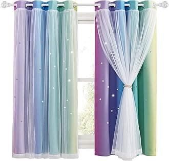 NICETOWN Kids Blackout Curtains - Stars Cut Out Thermal Curtains for Nursery Girls Boys Bedroom Living Room Rainbow Drapes with Eyelet, 2 Panels W52 x L63 Inch (132x160 cm), Purple Blue Green Yellow