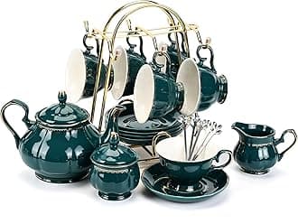 Tea Set 22-Piece Porcelain Ceramic Coffee Tea Sets Cups Saucer Service for 6 Teapot Sugar Bowl Creamer Pitcher and Teaspoons Porcelain Tea Set(Dark Green)