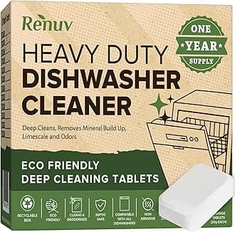 Renuv Dishwasher Cleaner & Deodorizer Tablets, Heavy Duty Deep Cleaning Eco Friendly Descaler Removes Odor, Calcium, Limescence, Hard Water Marks - 1 Year Supply