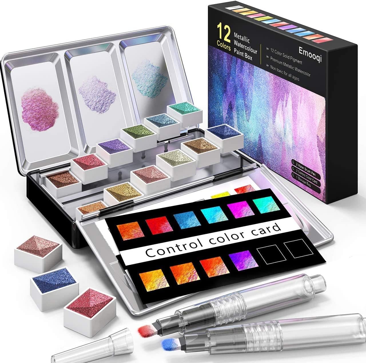 Watercolor Paints Set, Metallic Glitter Watercolour Solid Paint Include 12 Metallic Glitter Color 2 Water Brushes 2 Color Card Storage Bag, Ideal for Illustrations Painting.