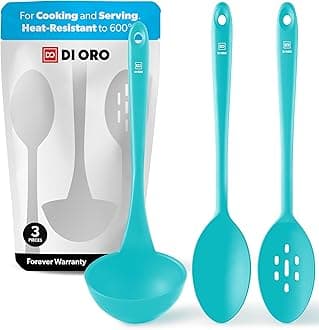 DI ORO Silicone Ladle & Spoons for Cooking – Large Kitchen Spoons for Mixing, Serving, & Stirring - Soup Ladle with Wide Bowl - High Heat Silicone Kitchen Utensils for Nonstick Cookware Safe (Teal)