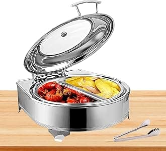 Stainless Steel Chafing Dish, Food Warmer Buffet Server with PC Transparent Lid, Electric Chafing Dishes Food Warmers, 6L, Round, Adjustable Temperature
