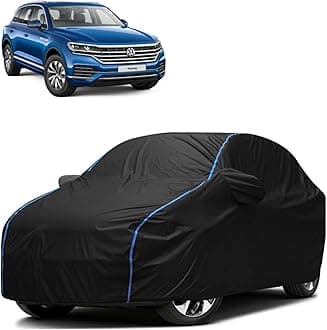 FAVY All Weather Resistant Car Body Cover Compatible with Volkswagen Touareg Scratch Proof, Anti-Dust, UV Protection with Windproof Buckle Strap and Mirror Pockets, Bottom Elastic Fitted-Black