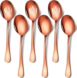 6 Pieces Stainless Steel Serving Spoons Set Includes 3 Spoon, 3 Slotted, for Parties/Buffet/Catering, Dishwasher Safe, 8.5-Inch, Rose Gold