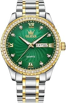 Men's Casual Stainless Steel Watch, Big Face Easy to Read Analog Quartz Watch with Day and Date, Classic Waterproof Diamond Roman Arabic Numerals Dial Dress Watch for Men, Gold Silver Black Band