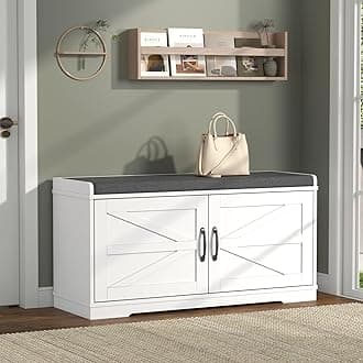 Loomie Shoe Storage Bench, 2-Tier Farmhouse Entryway Bench with Padded Seat Cushion, 13.78" D x 39.37" W x 19.69" H, Slim Shoe Cabinet Bench for Entryway, Living Room, Bedroom (White)