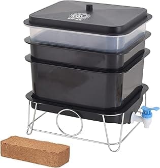 Worm Nerd WN41 4-Tray Worm Composting Bin Kit with Coco Coir Brick for Recycling Food Waste, Worm Castings, Worm Tea, Vermiculture and Vermicomposting, Black
