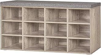 DINZI LVJ Shoe Storage Bench with Cushion, Cubby Rack with 12 Cubbies, Adjustable Shelves, Multifunctional Organizer Bench for Entryway, Mudroom, Hallway, Closet and Garage, Greige