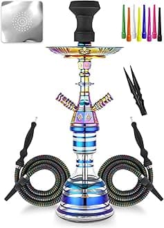 Hookah Set 23'' Shisha Complete Set Egyptian With Glass Vase, Silk Hose, Black Clay Bowl, Coal Tong, 50 Foil, 50 Hookah Disposable Tips (Matte black 2 HOSE)