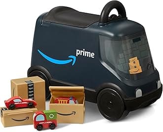 Amazon Delivery Van, For Ages 2+, Ride and Deliver Truck for Kids, Under Seat Storage, Stationary Handle, Ergonomic Seat, Includes 3 Mini Amazon Boxes & 3 Wooden Toys, Toddler Ride On Toys