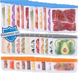 Lerine Dishwasher Safe Reusable Bags, Leakproof Reusable Freezer Bags, BPA Free Food Storage Bags for Lunch Marinate Food Travel (Multicolor, 34 Pack-12 Gallon 12 Sandwich 10 Snack)