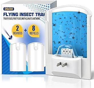 - OSVDO 2-Pack Indoor Flying Insect Traps with 8 Refills, UV Light Bug Catcher for Flies, Gnats, Moths, 30-Day Sticky Pads, Silent Fly Catcher for Home