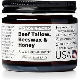 Beef Tallow, Beeswax & Honey Face Moisturizer, Organic, Unscented Grassfed Beef Tallow Skin Care, Sunscreen Free, Non Comedogenic Face & Body Moisturizer for Sensitive Skin, 2 Oz