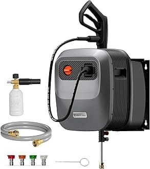 Giraffe Tools Grandfalls Retractable Pressure Washer G20B, 2500 PSI 2.2 GPM, Wall Mounted Power Washer with 65FT Hose Reel, Black Pressure Hoses, 4 Nozzles for Floor/Cars/Fences/Patios, Dark Silver