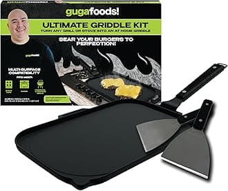 Guga Foods Ultimate Griddle Kit Set- Transform Any Grill or Stove, Includes Cast Iron Griddle with Detachable Handle, Stainless Steel Angled & Straight Edge Spatulas, For Cooking Indoor Or Outdoor